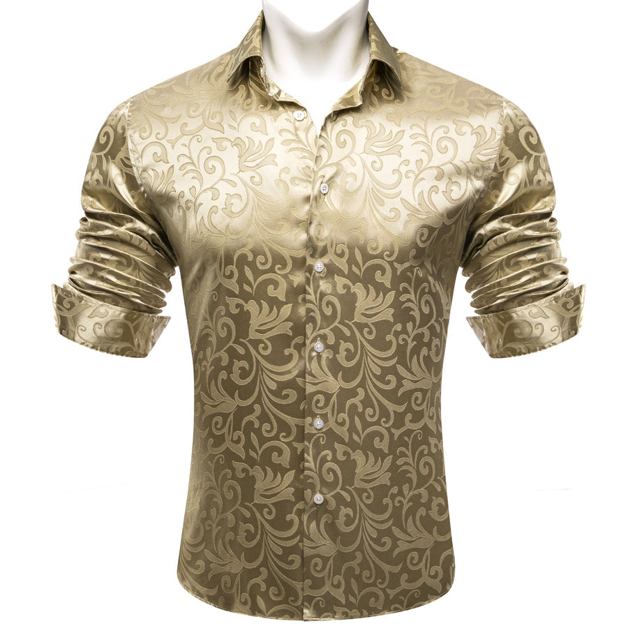 Champagne Gold Floral Leaf Silk Dress Shirt shirt - Sophisticated Gentlemen