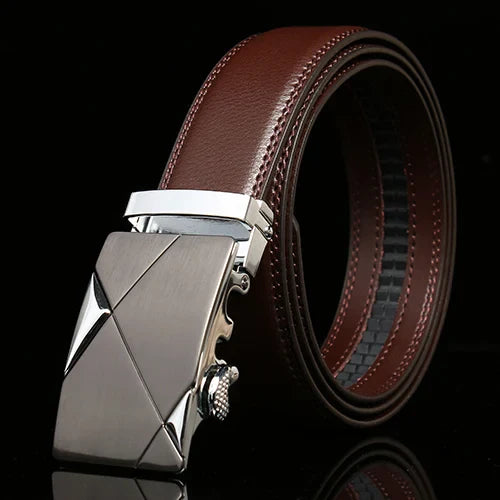 Matte Gunmetal and Silver Buckle Leather Belt Belt 43" Brown - Sophisticated Gentlemen