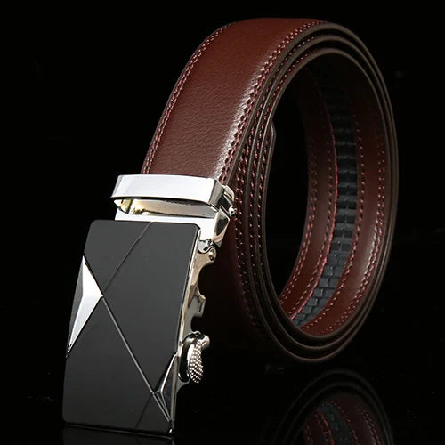 Matte Black and Silver Buckle Leather Belt Belt 43" Brown - Sophisticated Gentlemen