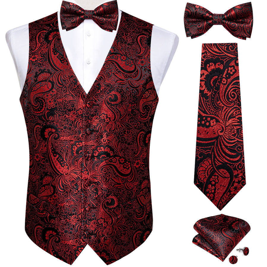 Black Red Paisley Jacquard Silk Vest Set vest set S (Chest 40") - Sophisticated Gentlemen