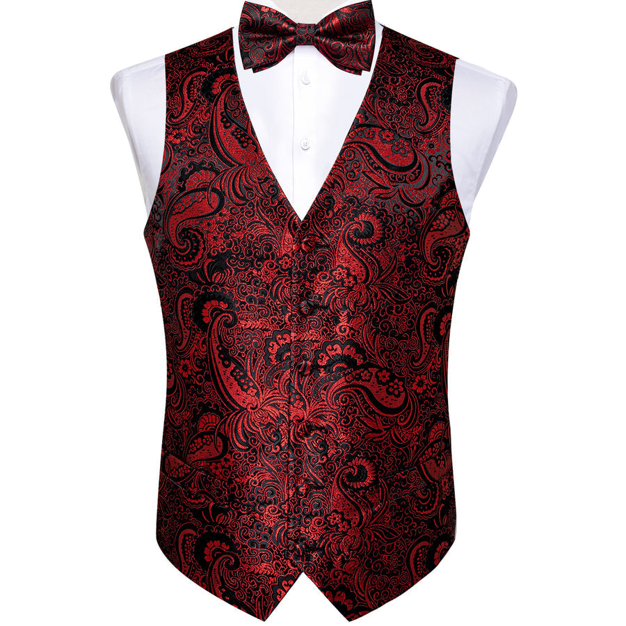 Black Red Paisley Jacquard Silk Vest Set vest set - Sophisticated Gentlemen