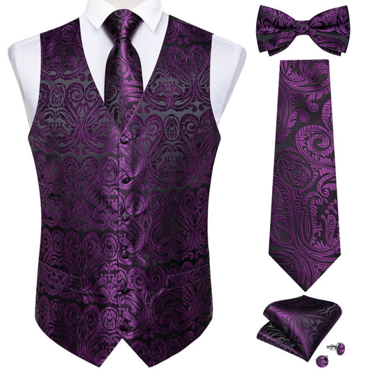 Black Purple Paisley Jacquard Silk Men's Vest Set vest set S (Chest 40")   - Sophisticated Gentlemen