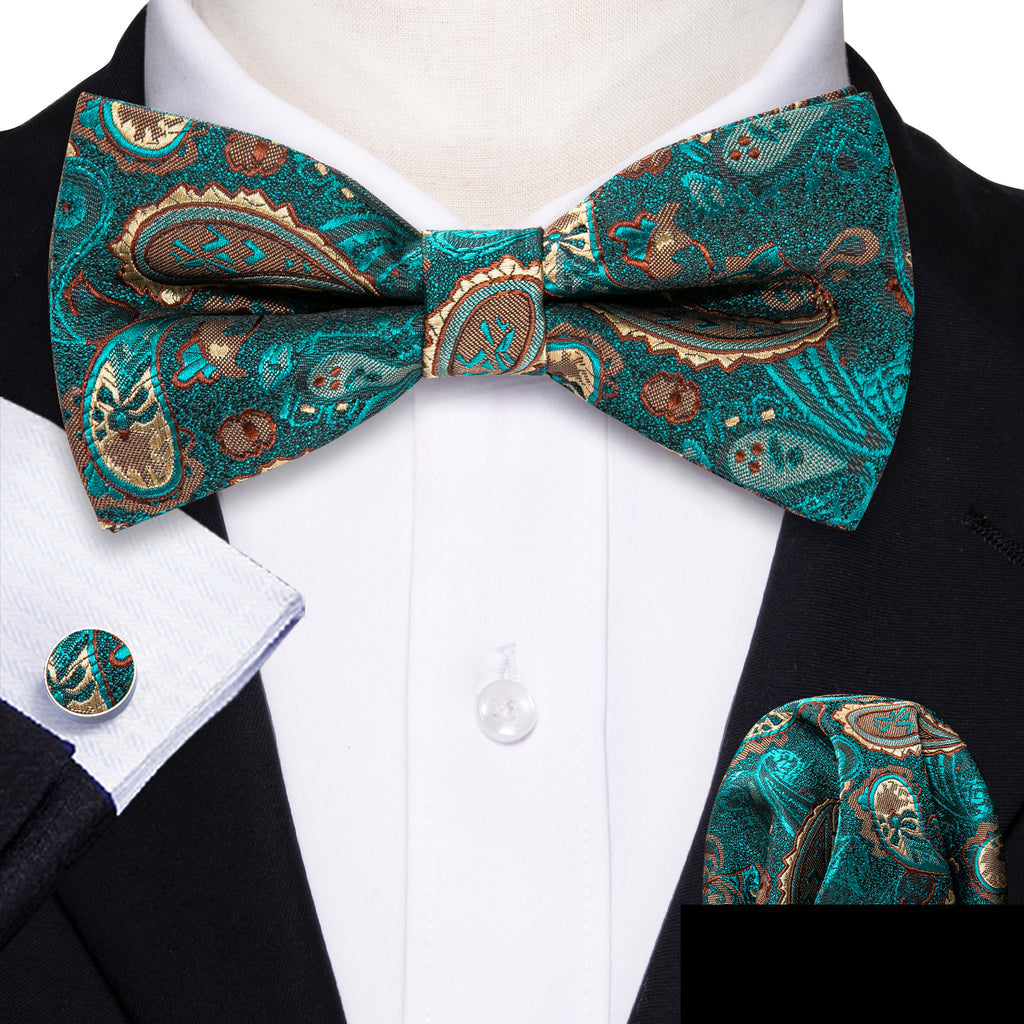 Teal Blue Paisley Silk Bow Tie Set bow ties - Sophisticated Gentlemen