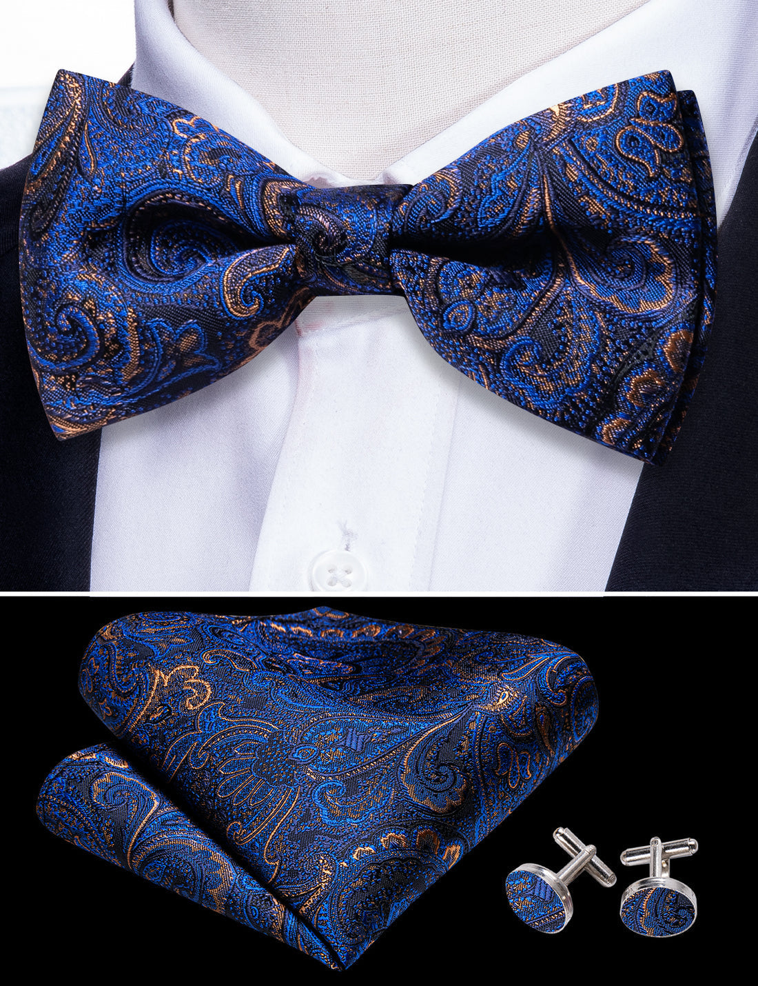 Blue Brown Paisley Bow Tie Set bow ties - Sophisticated Gentlemen
