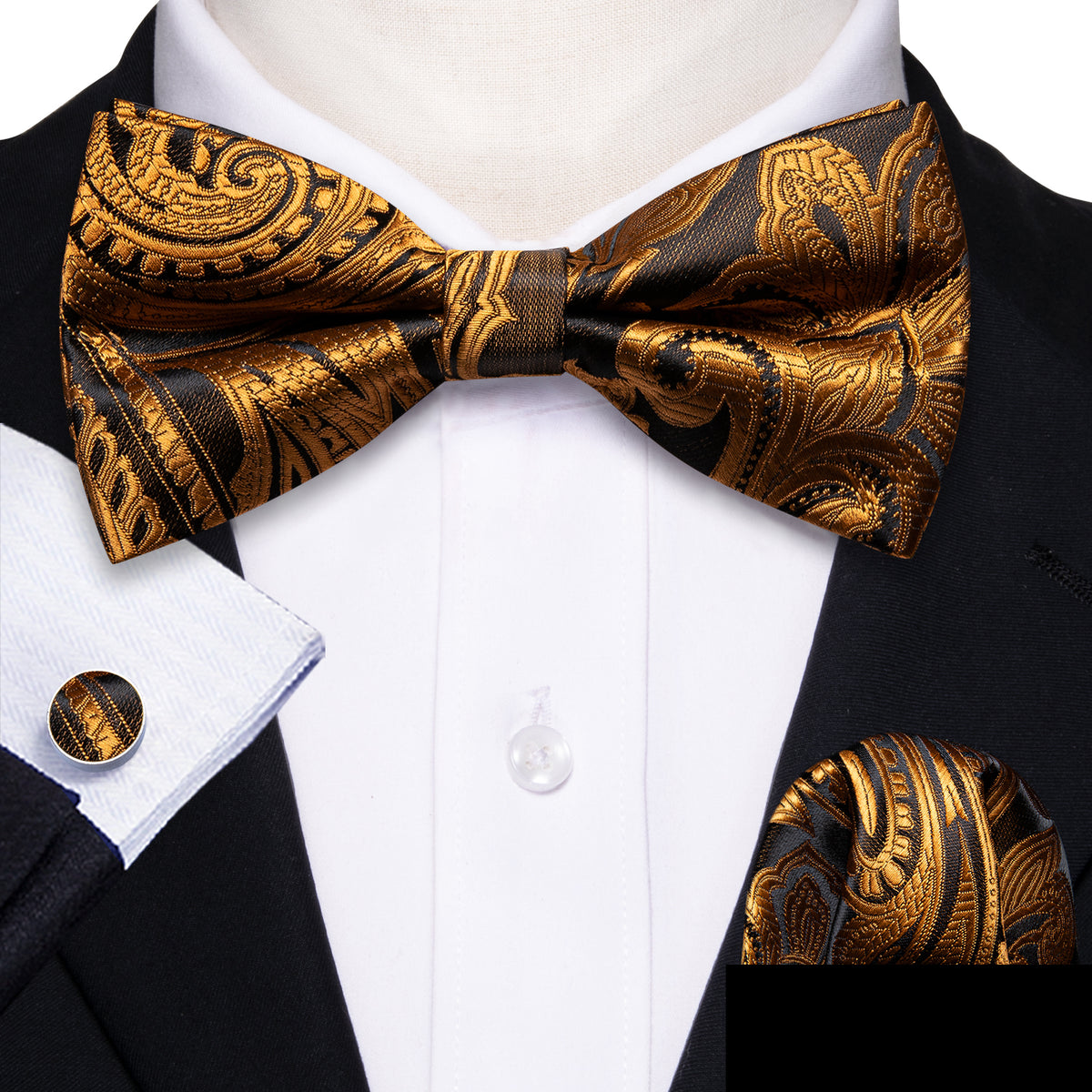 Gold Black Paisley Bow Tie Set bow ties - Sophisticated Gentlemen