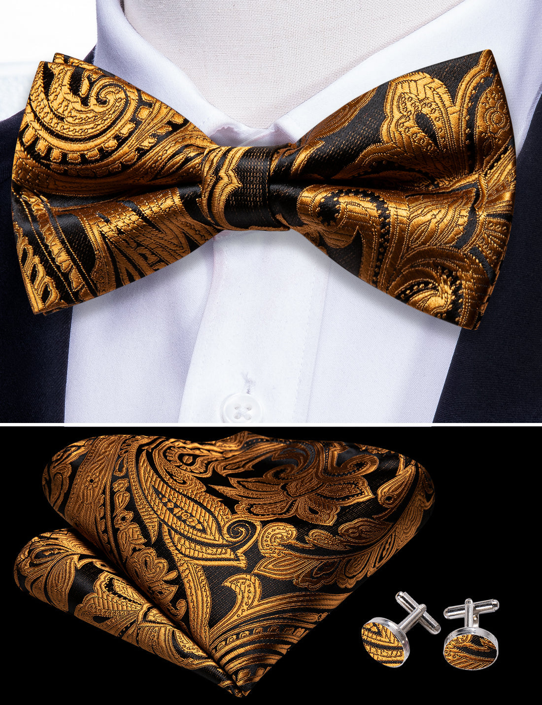 Gold Black Paisley Bow Tie Set bow ties - Sophisticated Gentlemen