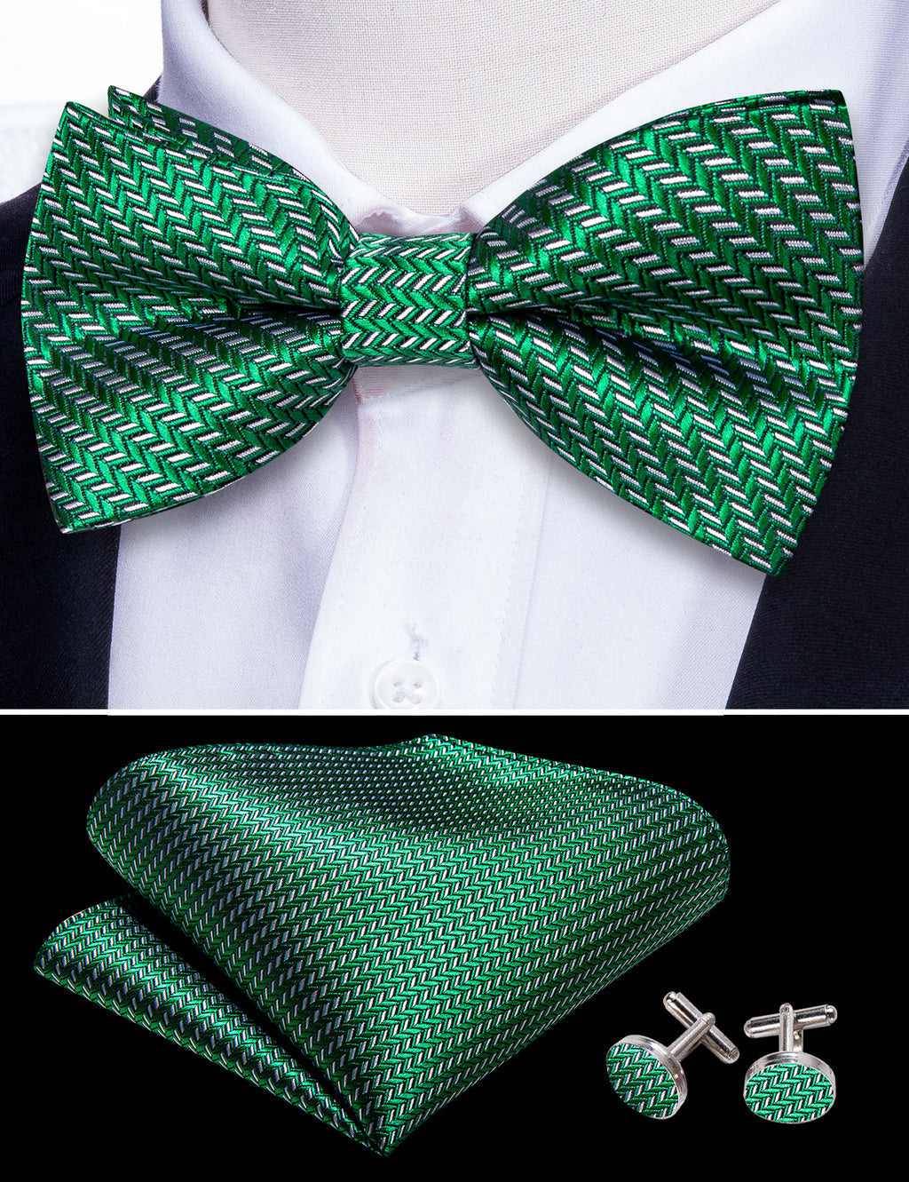 Green White Striped Silk Bow Tie Set bow ties - Sophisticated Gentlemen