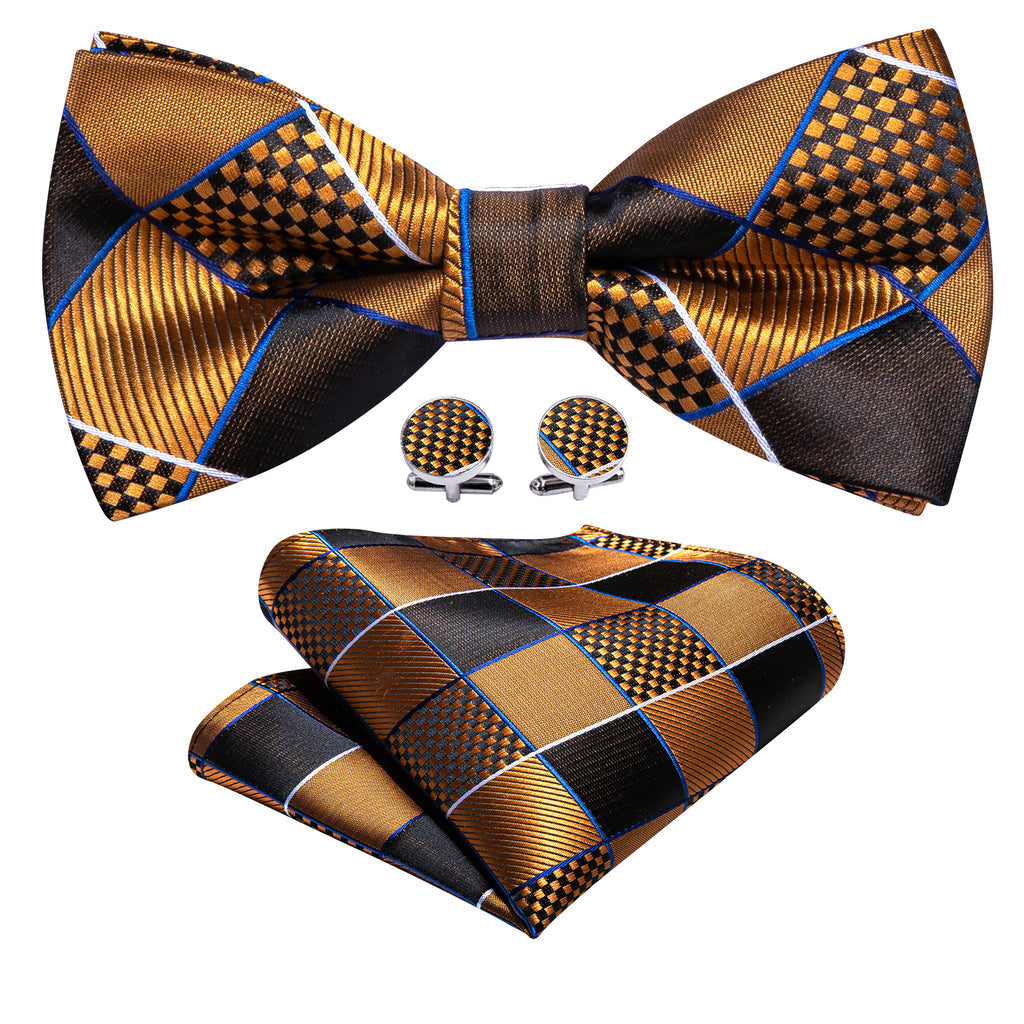 Gold Black Plaid Silk Bow Tie Set bow ties - Sophisticated Gentlemen