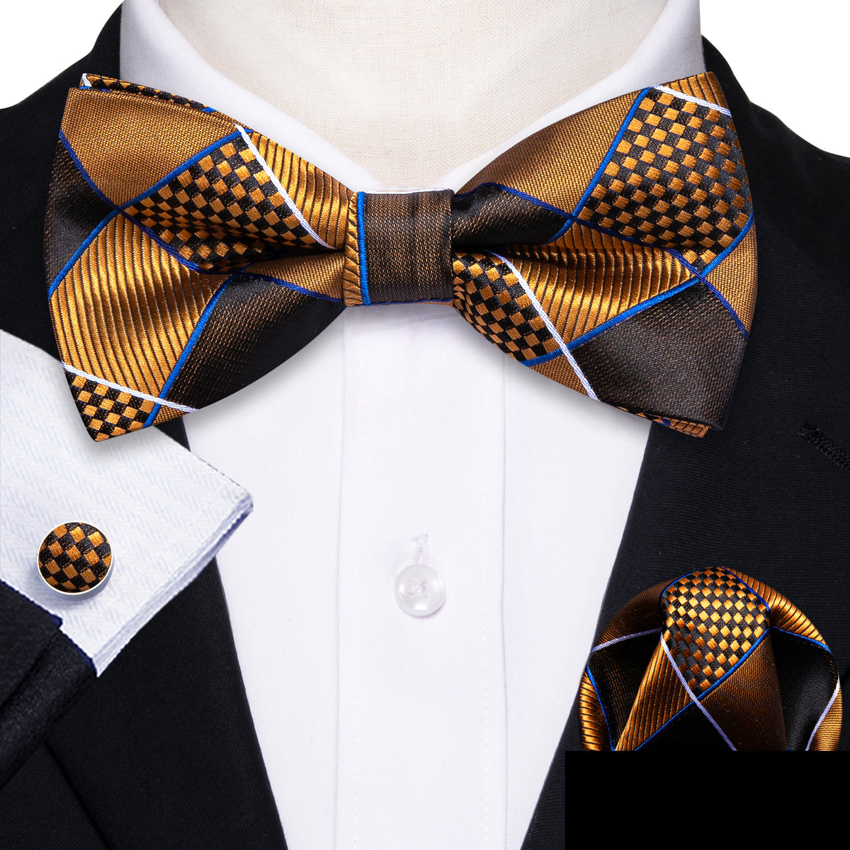 Gold Black Plaid Silk Bow Tie Set bow ties - Sophisticated Gentlemen