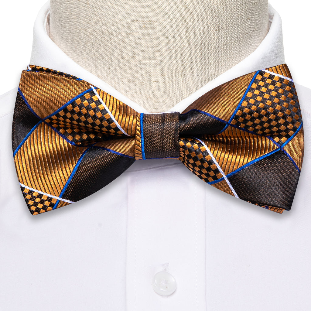 Gold Black Plaid Silk Bow Tie Set bow ties - Sophisticated Gentlemen