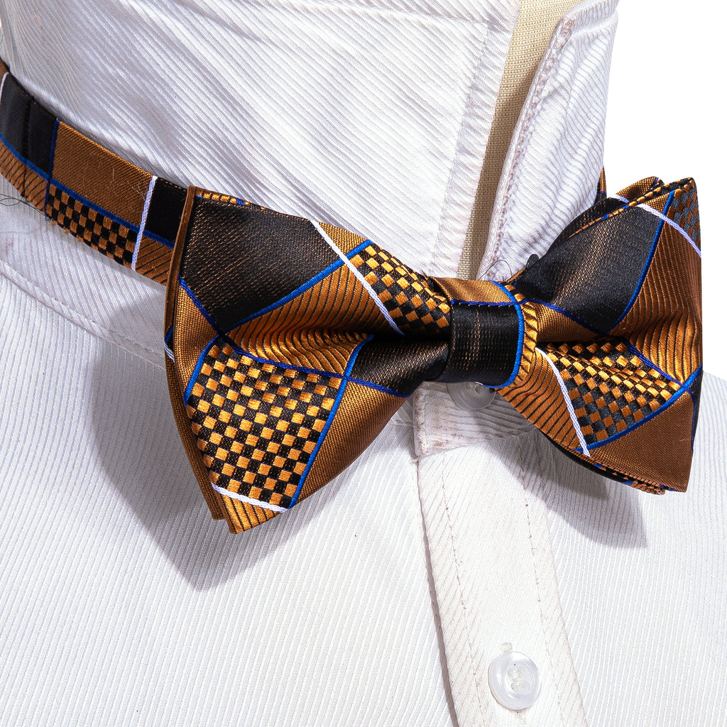 Gold Black Plaid Silk Bow Tie Set bow ties - Sophisticated Gentlemen