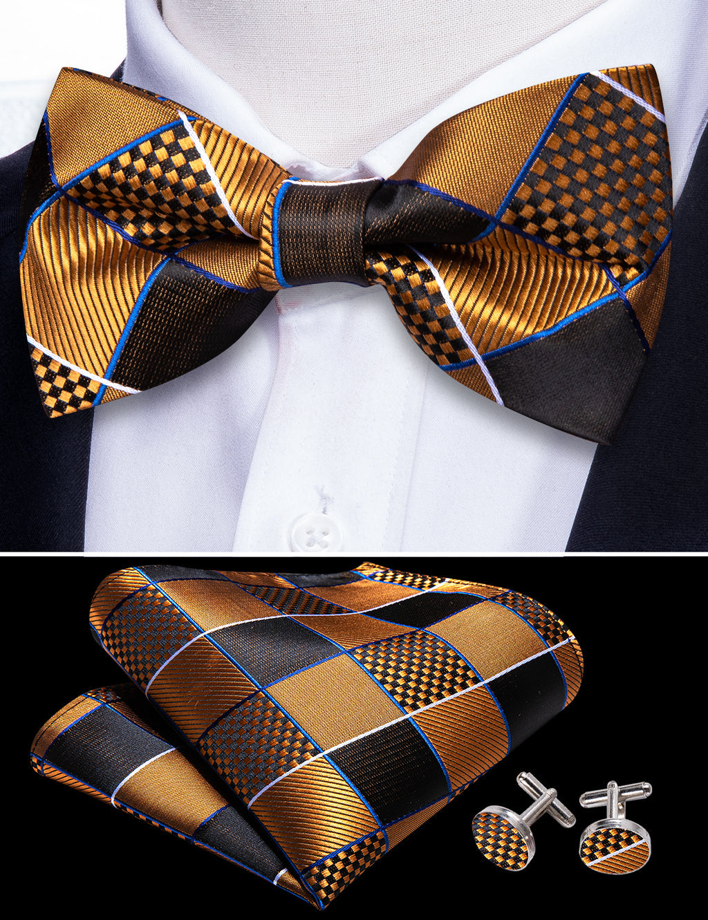 Gold Black Plaid Silk Bow Tie Set bow ties - Sophisticated Gentlemen