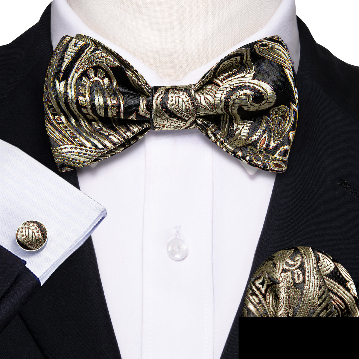 Black and Champagne Paisley Bow Tie Set bow ties - Sophisticated Gentlemen