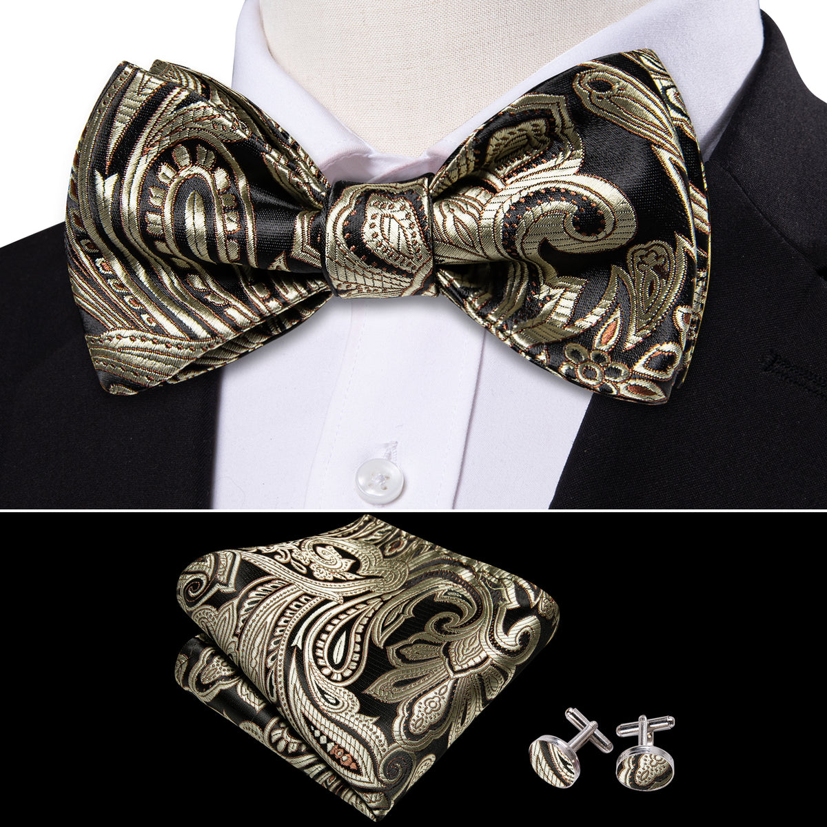 Black and Champagne Paisley Bow Tie Set bow ties - Sophisticated Gentlemen