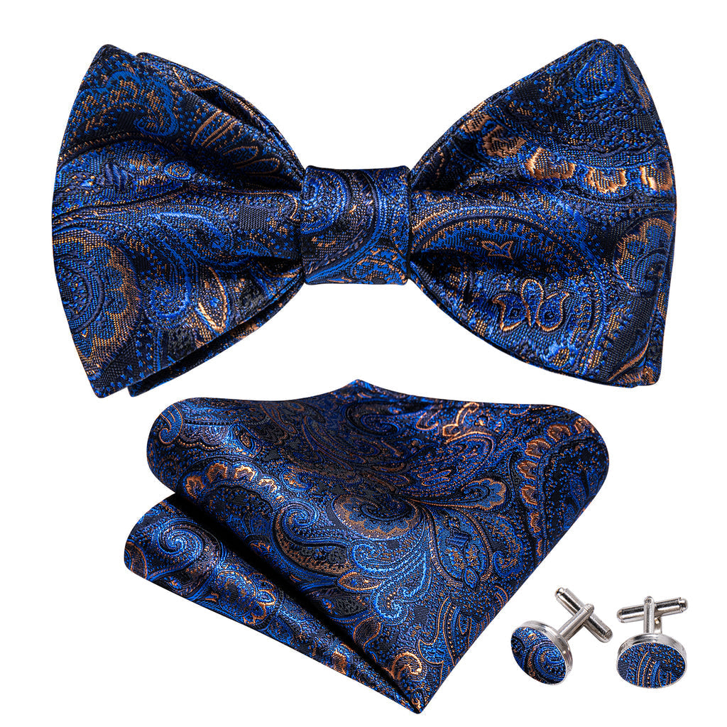Blue Gold Paisley Bow Tie Set bow ties - Sophisticated Gentlemen
