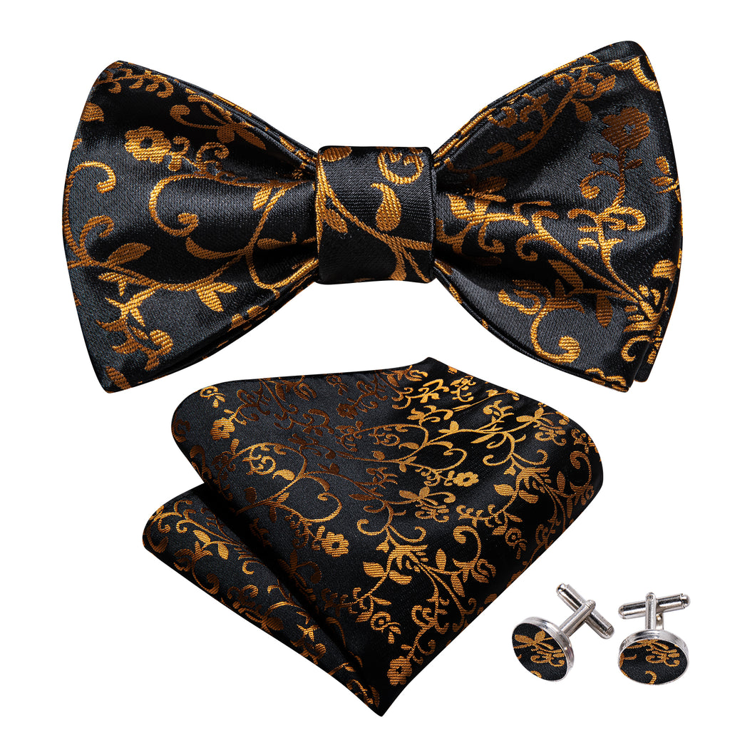 Black Gold Floral Silk Bow Tie Set bow ties - Sophisticated Gentlemen