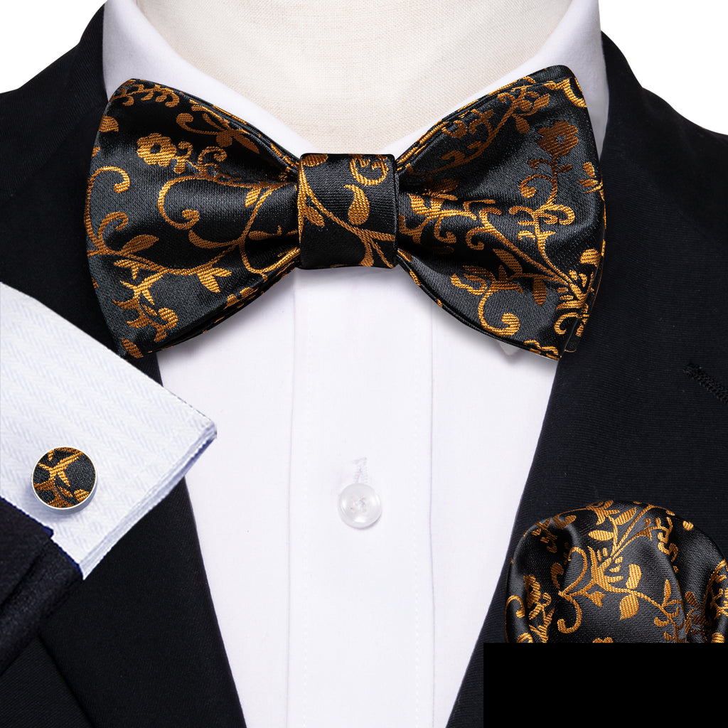 Black Gold Floral Silk Bow Tie Set bow ties - Sophisticated Gentlemen