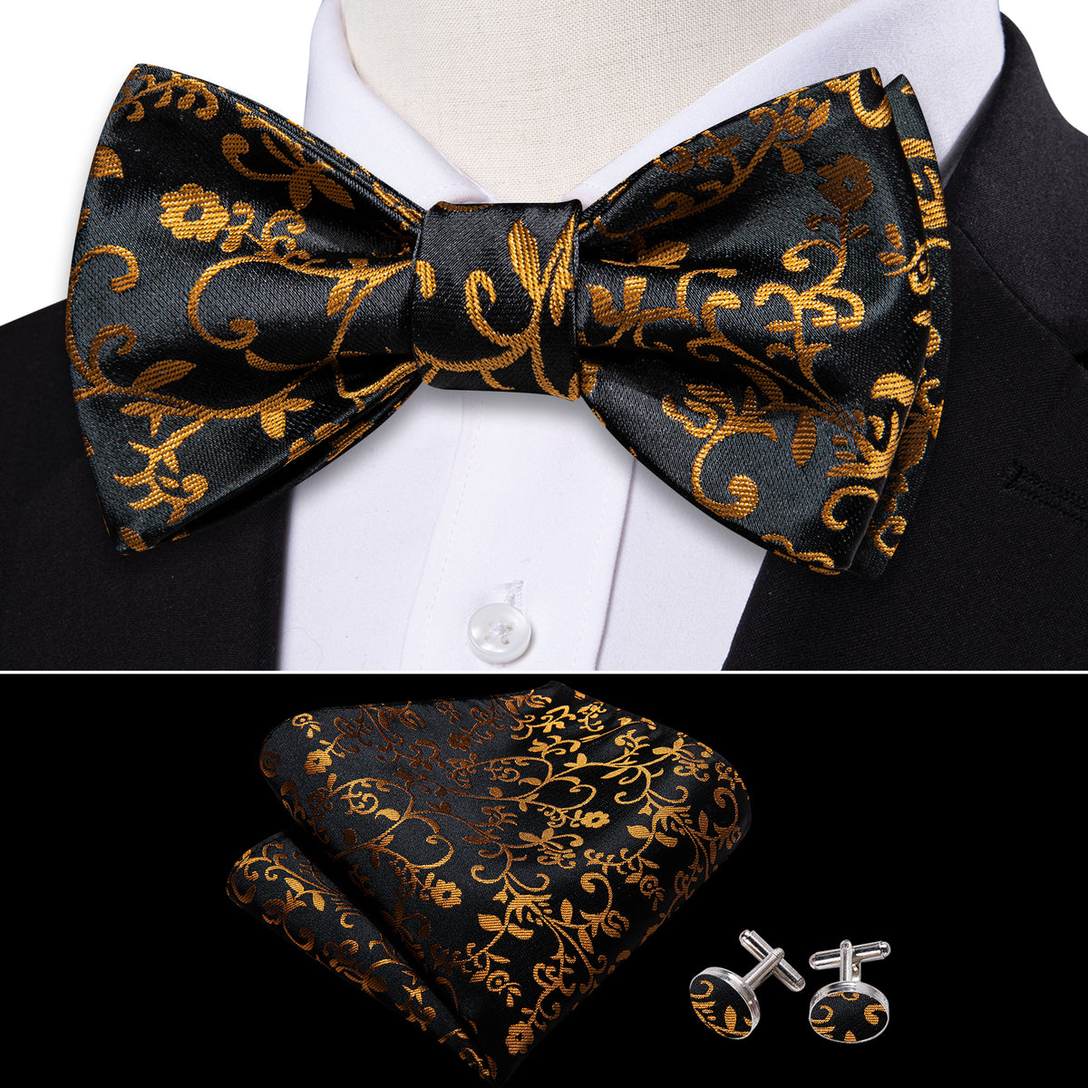 Black Gold Floral Silk Bow Tie Set bow ties - Sophisticated Gentlemen