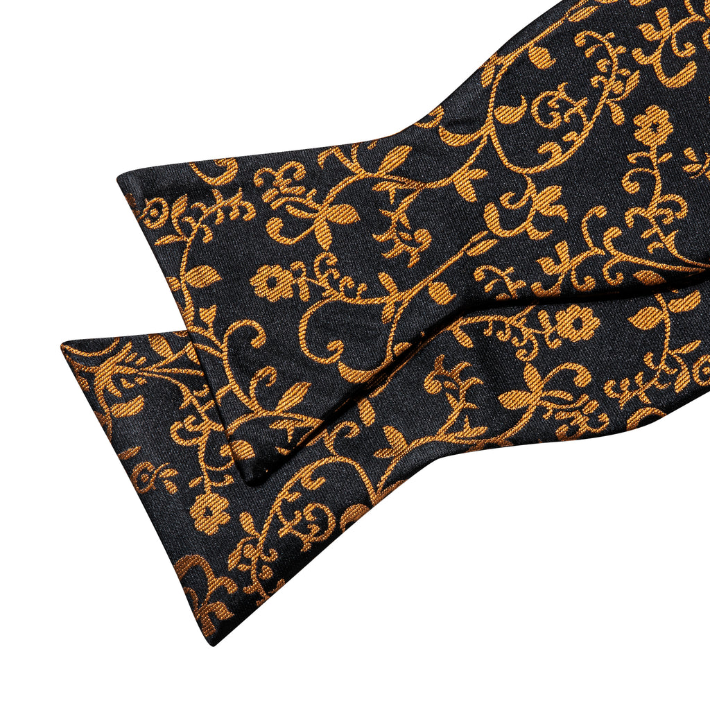 Black Gold Floral Silk Bow Tie Set bow ties - Sophisticated Gentlemen