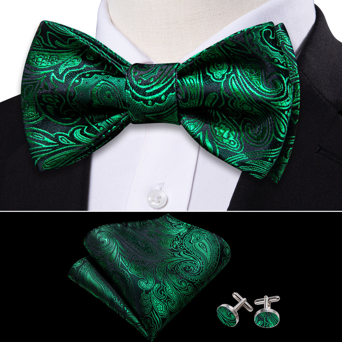 Olive Green Paisley Silk Bow Tie Set bow ties - Sophisticated Gentlemen