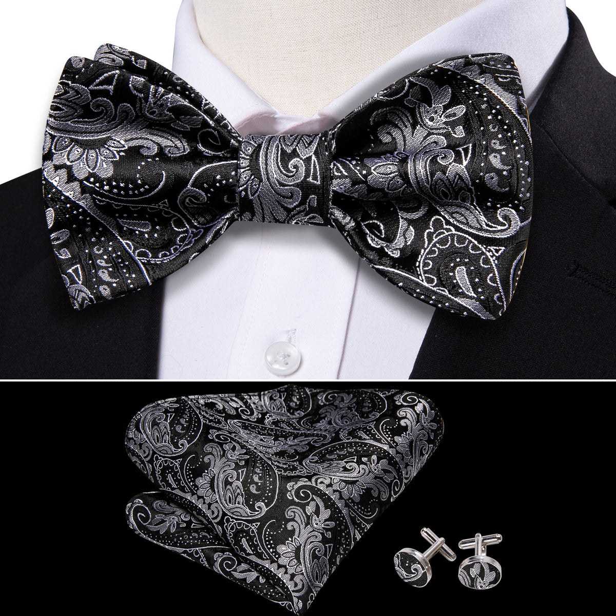 Black Paisley Grey Silk Bow Tie Set bow ties - Sophisticated Gentlemen