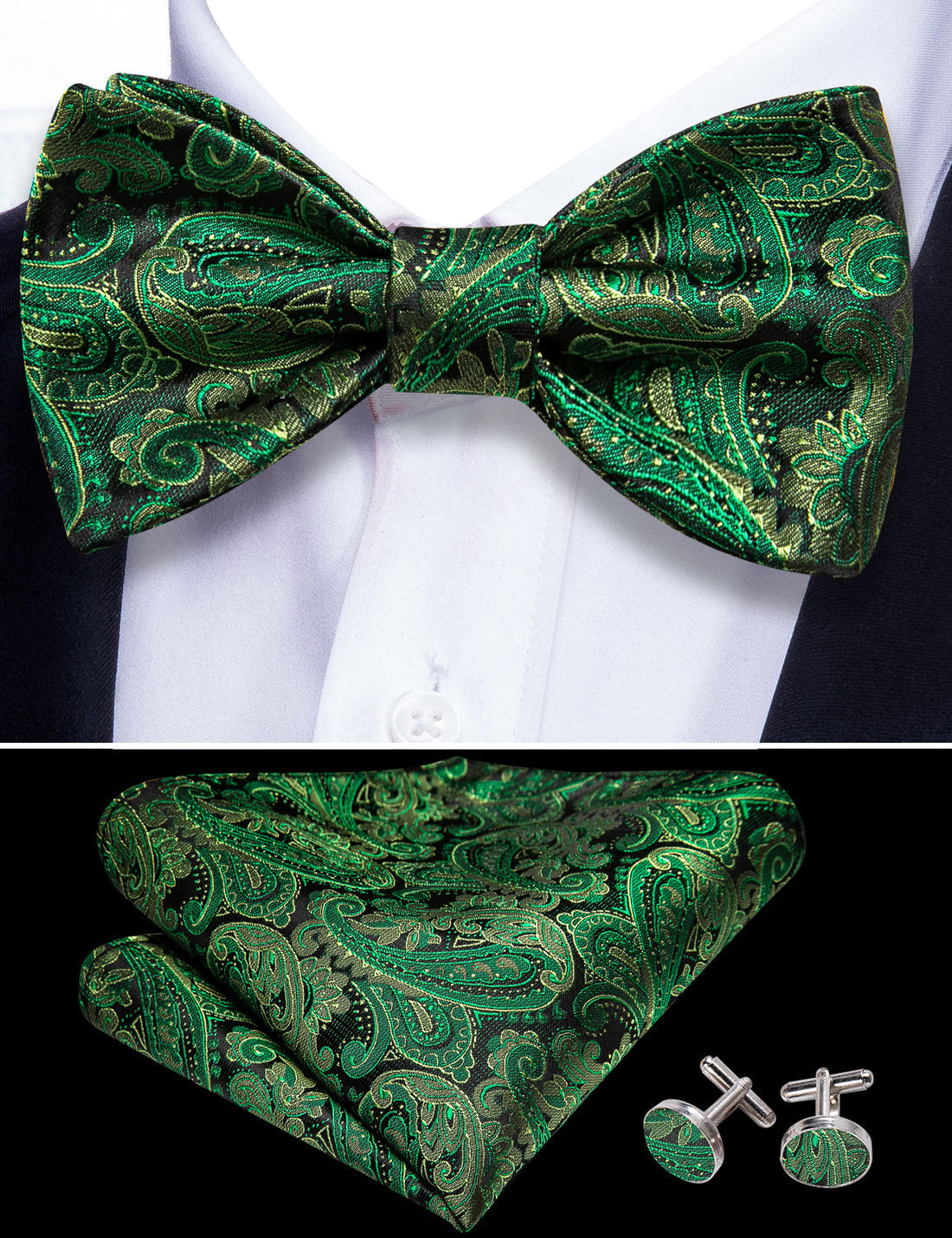 Grass Green Paisley Bow Tie Set bow ties - Sophisticated Gentlemen
