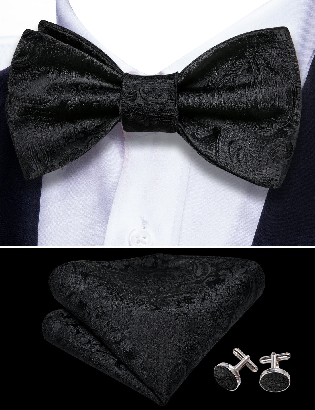 Black Paisley Bow Tie Set bow ties - Sophisticated Gentlemen