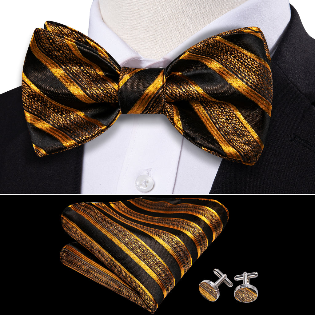 Black Gold Striped Bow Tie Set bow ties - Sophisticated Gentlemen