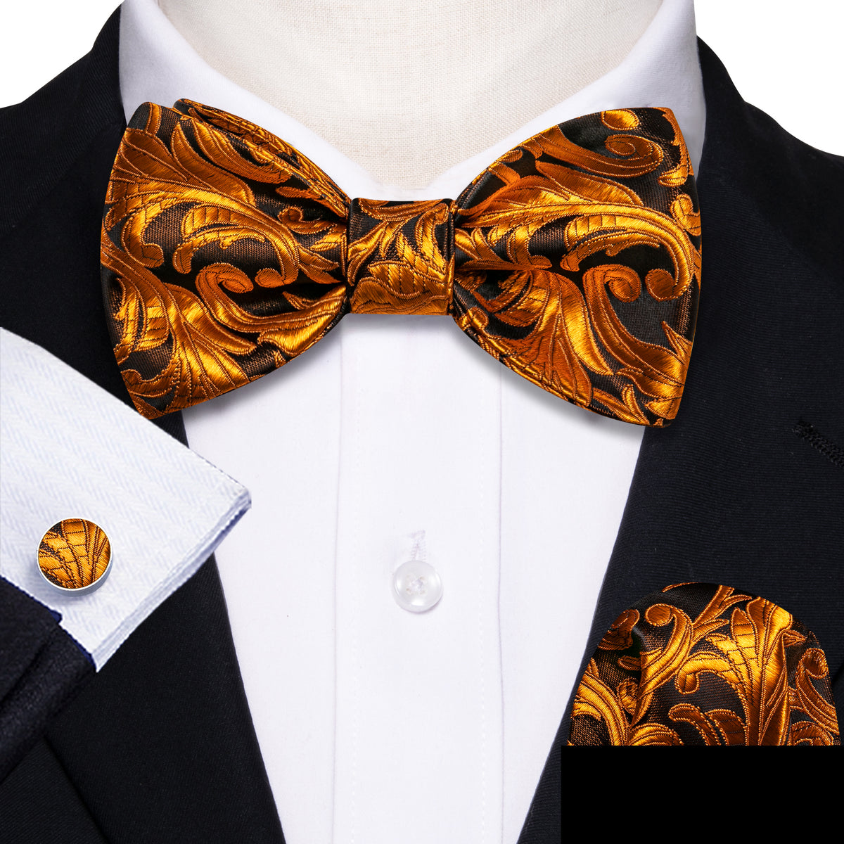 Gold Black Paisley Classy Bow Tie Set bow ties - Sophisticated Gentlemen