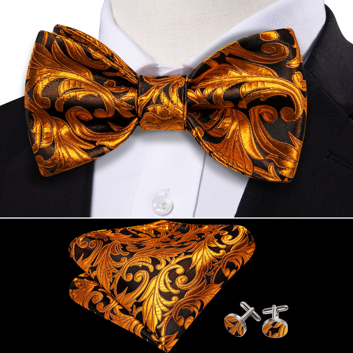 Gold Black Paisley Classy Bow Tie Set bow ties - Sophisticated Gentlemen