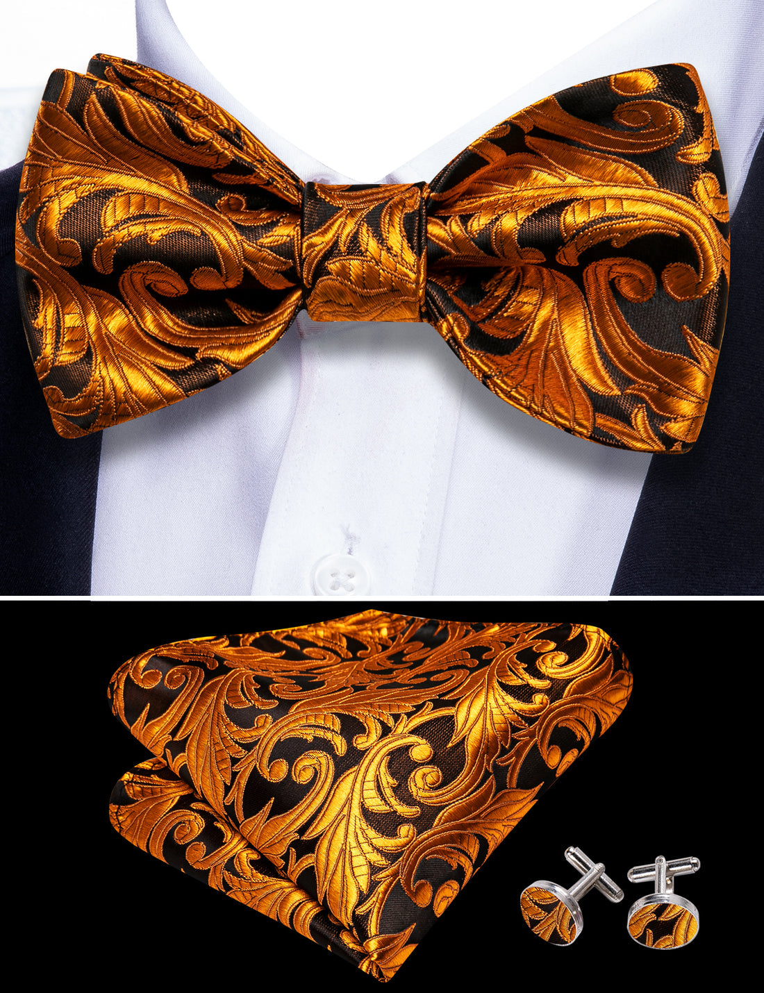 Gold Black Paisley Classy Bow Tie Set bow ties - Sophisticated Gentlemen