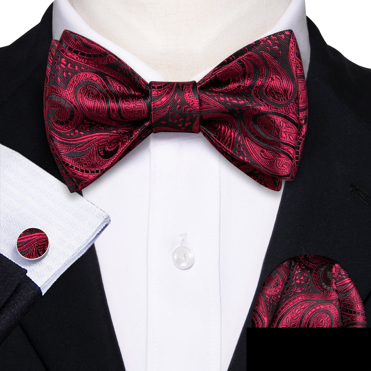Black Red Paisley Bow Tie Set bow ties - Sophisticated Gentlemen