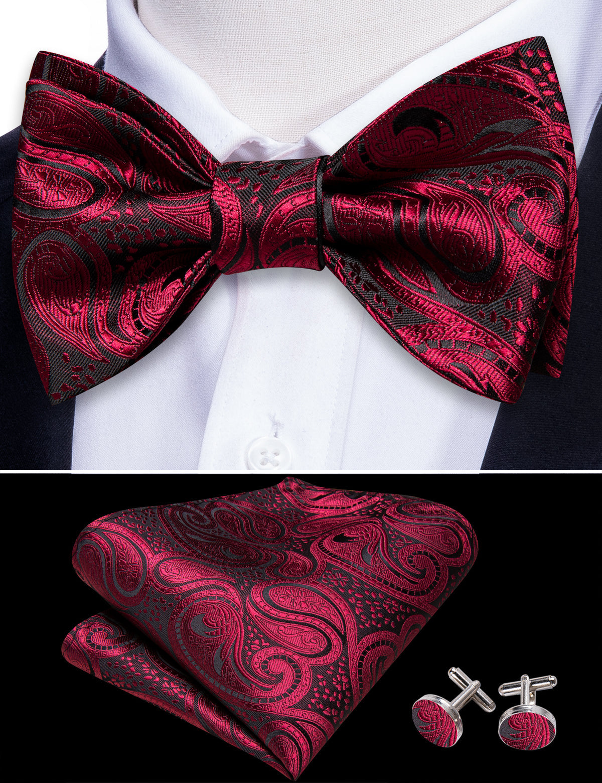 Black Red Paisley Bow Tie Set bow ties - Sophisticated Gentlemen