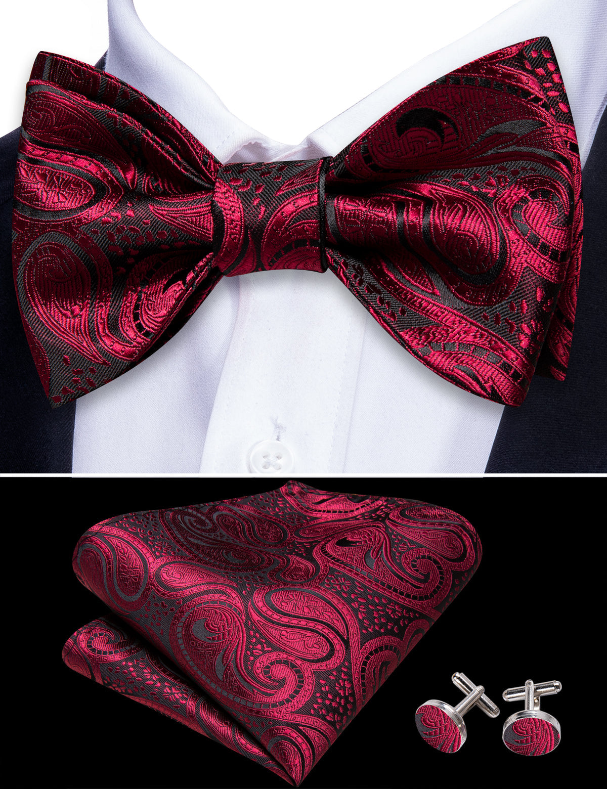 Black Red Paisley Bow Tie Set bow ties    - Sophisticated Gentlemen