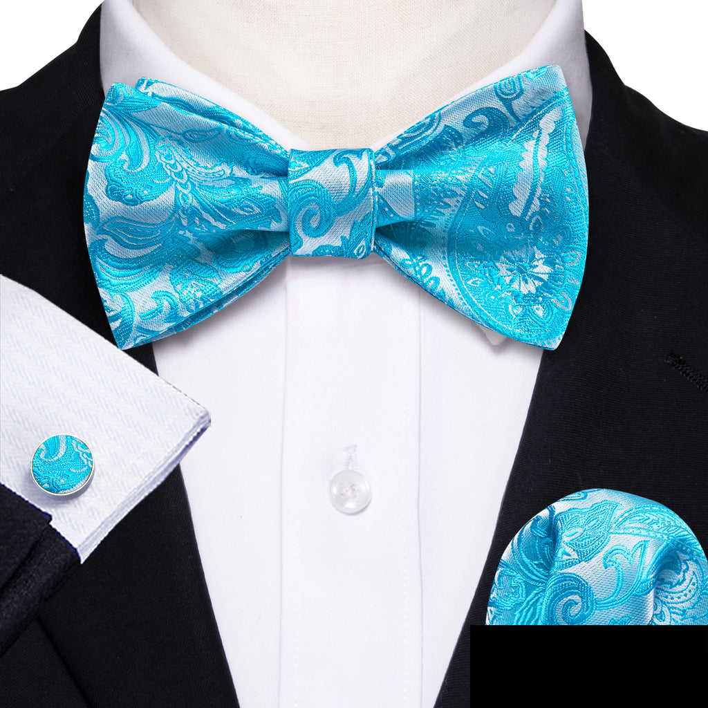 Blue Silver Paisley Bow Tie Set bow ties - Sophisticated Gentlemen