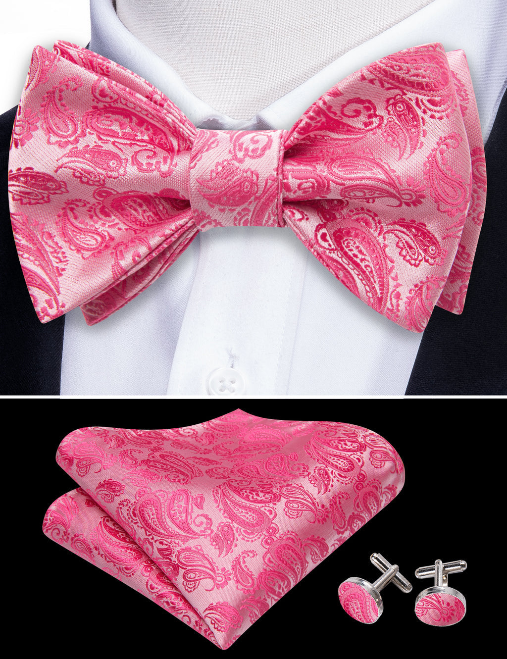 Hot Pink Paisley Silk Bow Tie Set bow ties - Sophisticated Gentlemen