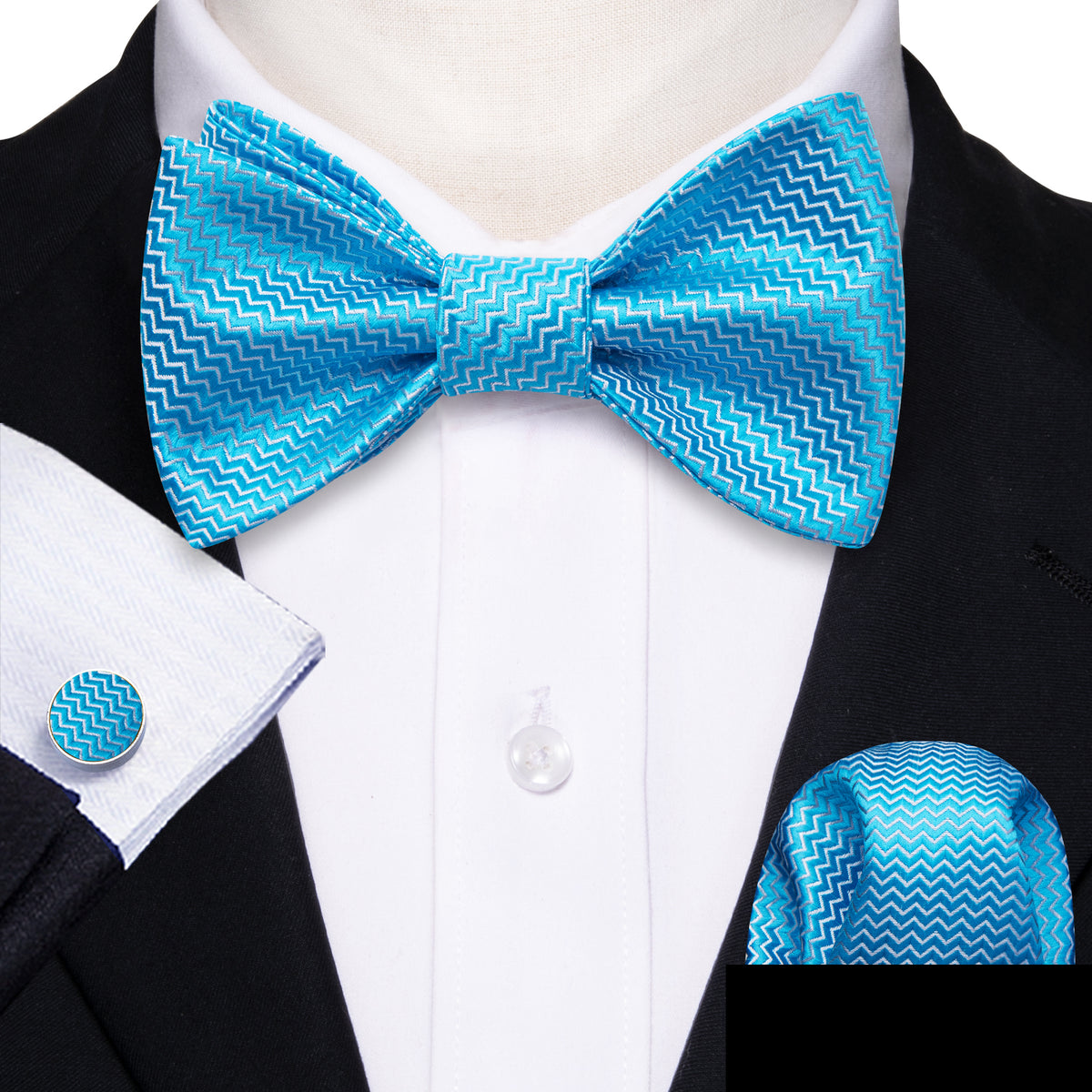 Sky Blue Striped Silk Bow Tie Set bow ties - Sophisticated Gentlemen