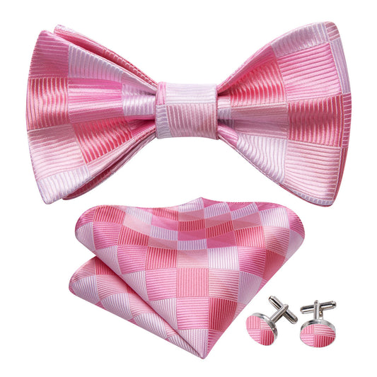 Pink Plaid Silk Bow Tie Set bow ties    - Sophisticated Gentlemen