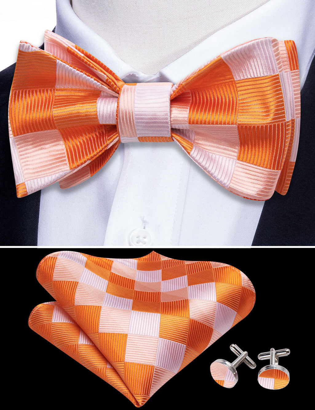 Orange White Plaid Silk Bow Tie Set bow ties - Sophisticated Gentlemen