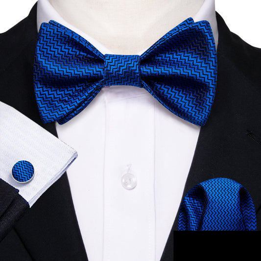 Navy Blue Striped Silk Bow Tie Set bow ties    - Sophisticated Gentlemen