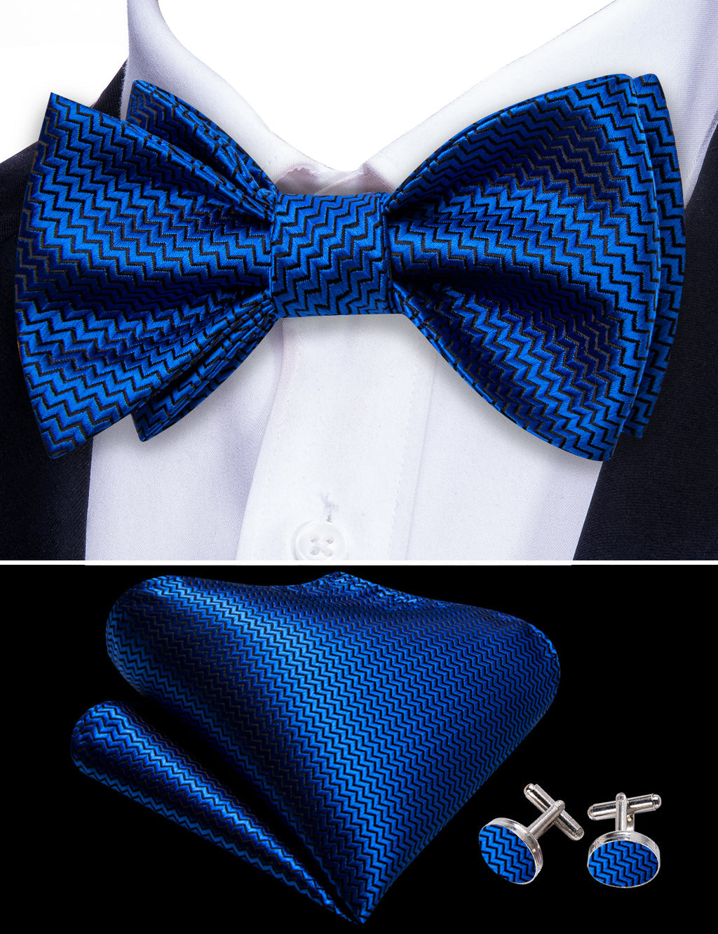 Navy Blue Striped Silk Bow Tie Set bow ties - Sophisticated Gentlemen