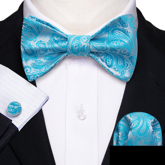 Blue Silver Paisley Silk Bow Tie Set bow ties    - Sophisticated Gentlemen