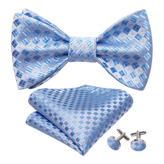 Blue White Plaid Silk Bow Tie Set bow ties    - Sophisticated Gentlemen