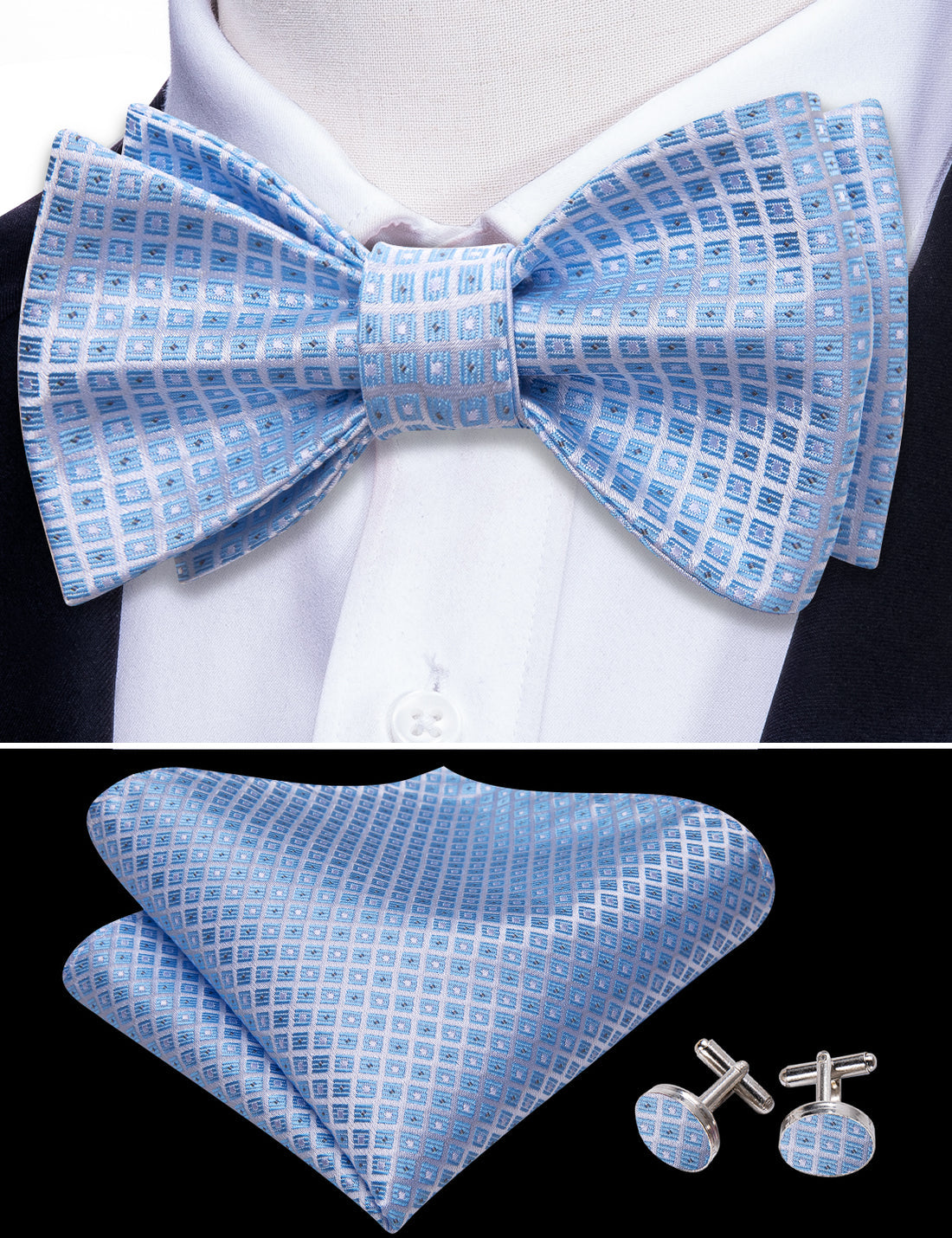 Blue Grey Plaid Silk Bow Tie Set bow ties - Sophisticated Gentlemen