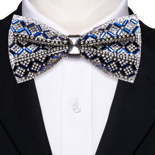 Shining Blue White Plaid Rhinestones Bow Tie Set bow ties    - Sophisticated Gentlemen