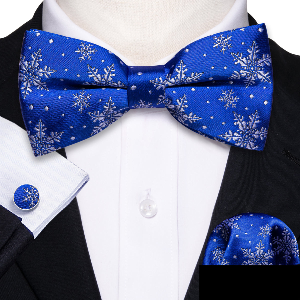 Blue White Christmas Snowflake Silk Bow Tie Set bow ties - Sophisticated Gentlemen