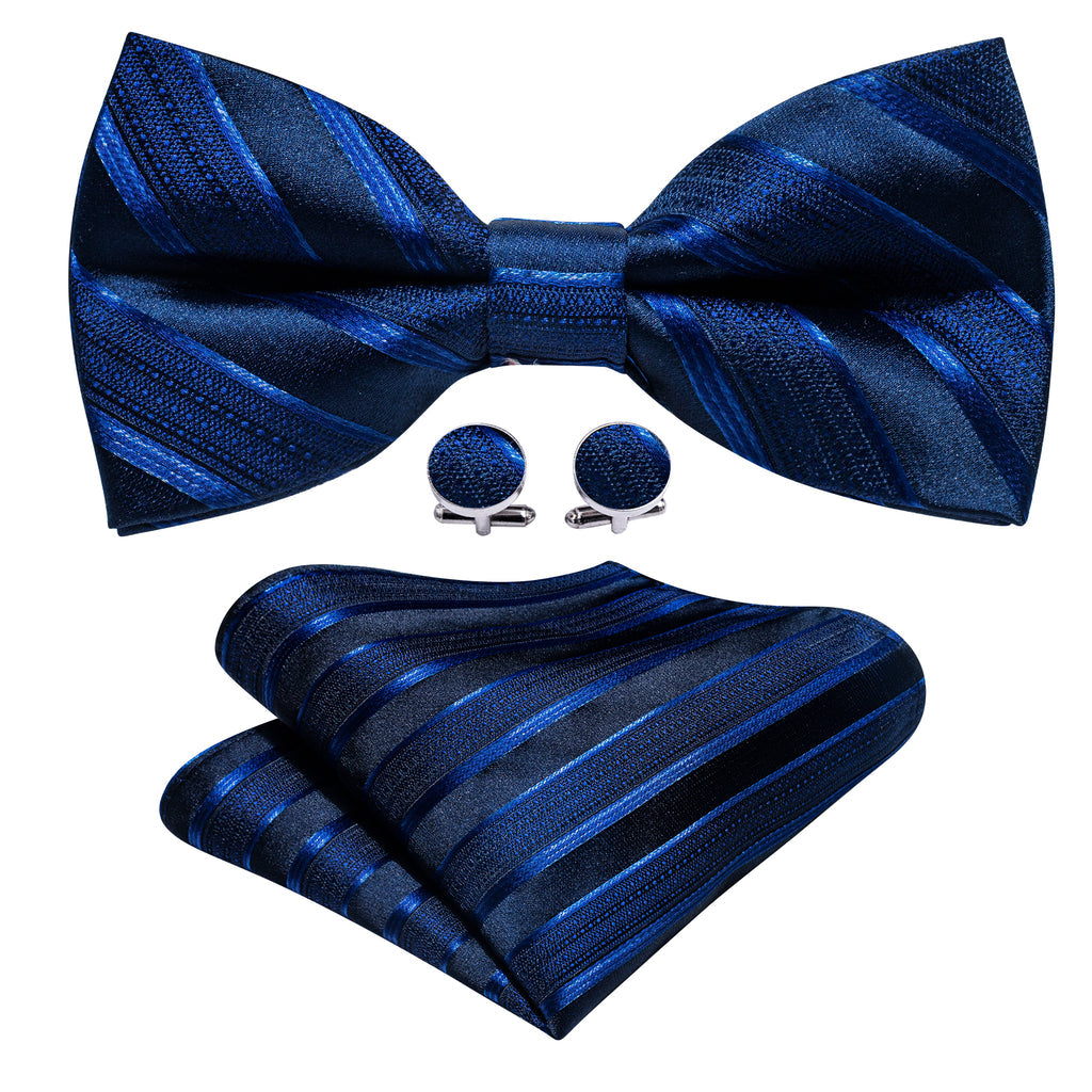 Blue Black Striped Silk Bow Tie Set bow ties - Sophisticated Gentlemen