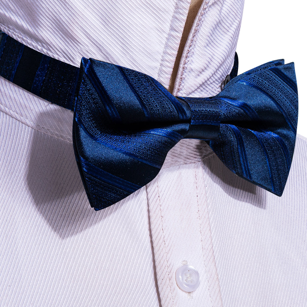 Blue Black Striped Silk Bow Tie Set bow ties - Sophisticated Gentlemen