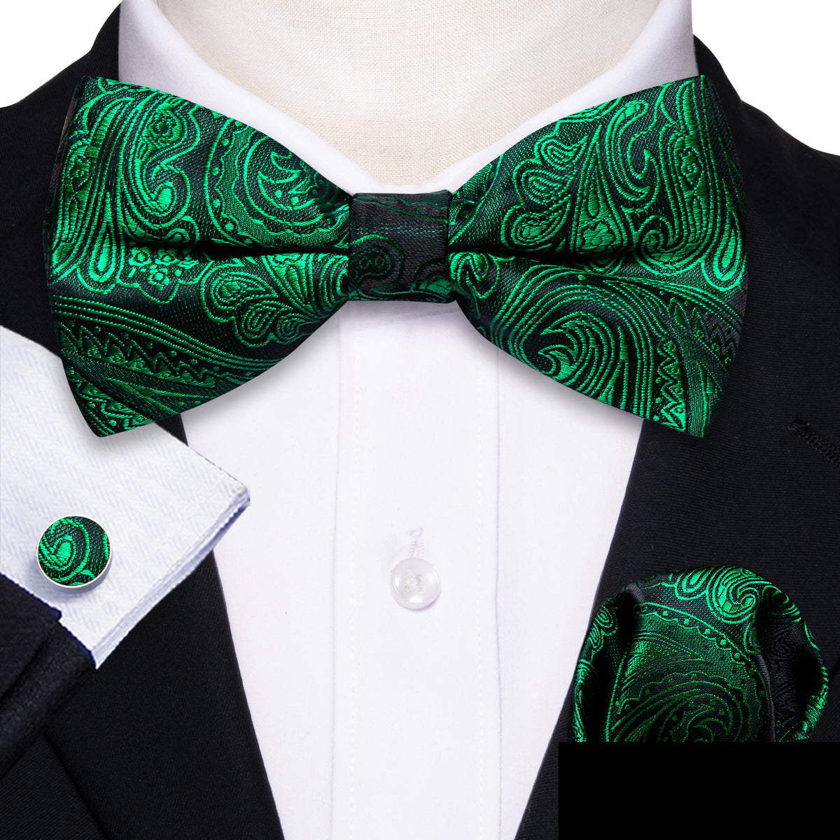Green Paisley Silk Bow Tie Set bow ties - Sophisticated Gentlemen