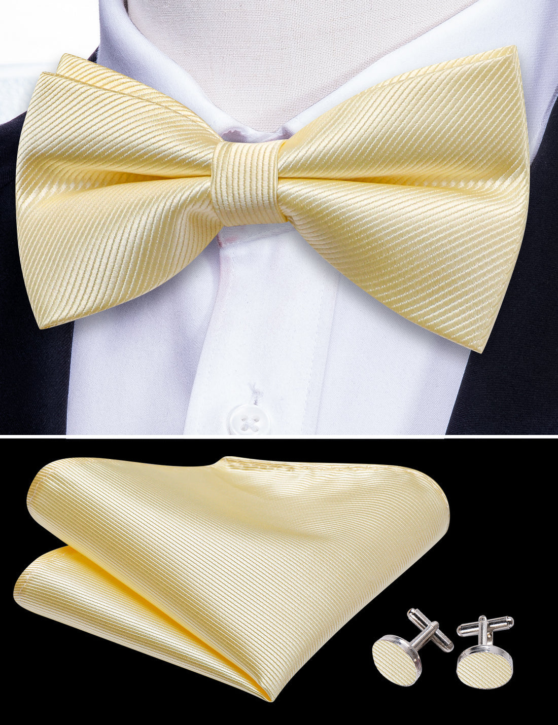Lemon Chiffon Solid Bow Tie Set bow ties - Sophisticated Gentlemen